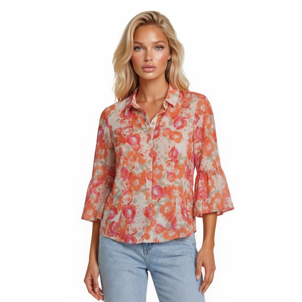 Tyler Boe Blouse Top Women's Size 4 Orange Pink Floral Bell Sleeve 100% Cotton